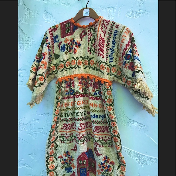 Vintage Dresses & Skirts - Vintage 60’s Caftan ~ Kitschy Boho Terrycloth Folk Sampler Caftan Pom Poms XS/S?